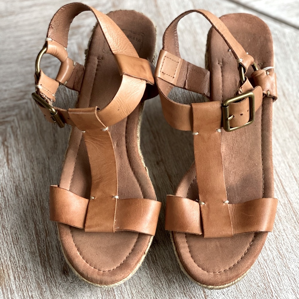 Brown leather wedge sandals with buckle detail